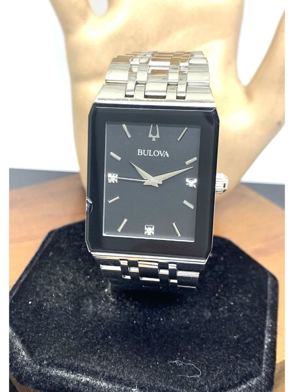 Bulova Men's Watch 96D145 Diamond Black Dial Silver Stainless Steel Quartz CHIP